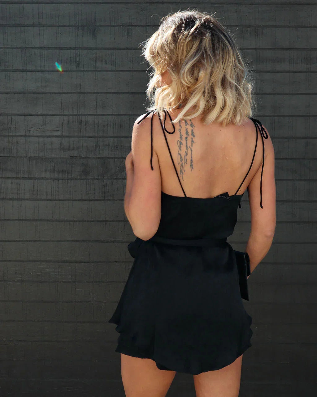 Midnight Chic Satin Shoulder Tie Romper