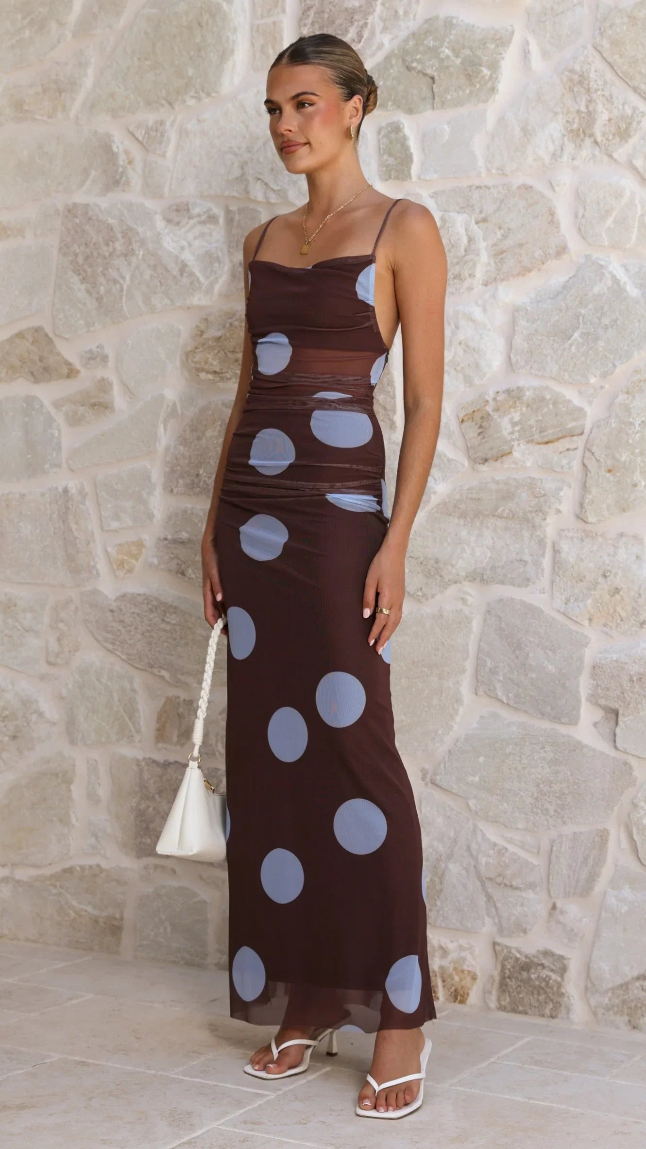 Loralei Mesh Maxi Dress Brown Blue Polka Dot