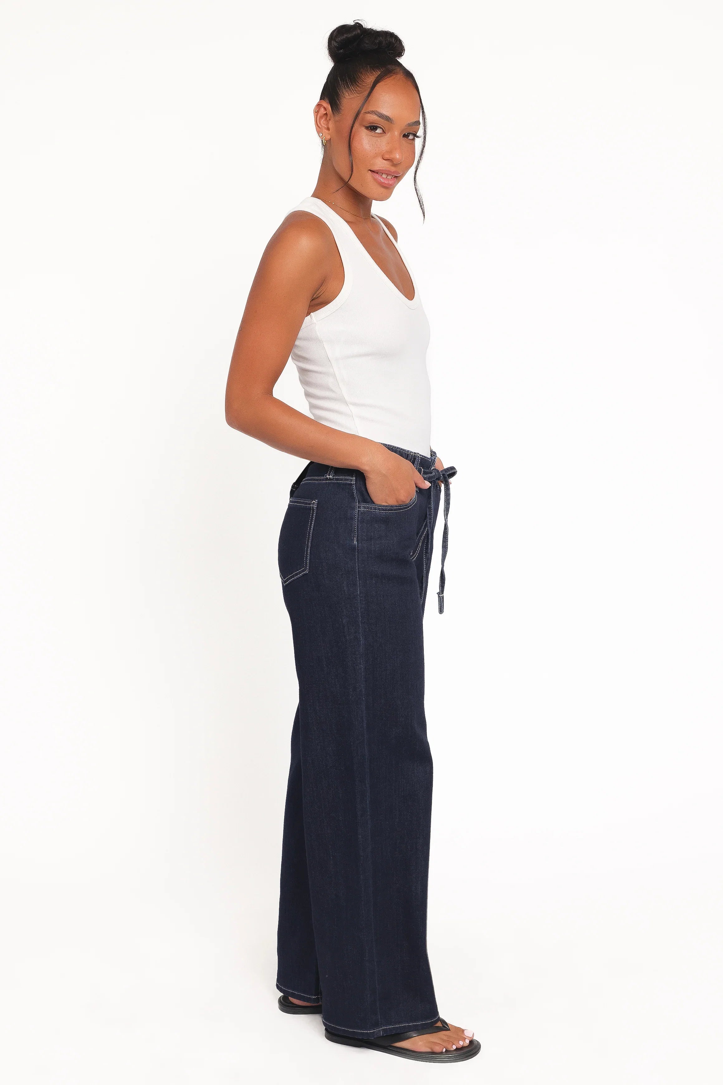 Clover Drawstring Wide Leg Jeans Dark Wash