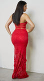 Orlisse Rhinestone Feather Maxi Dress Red