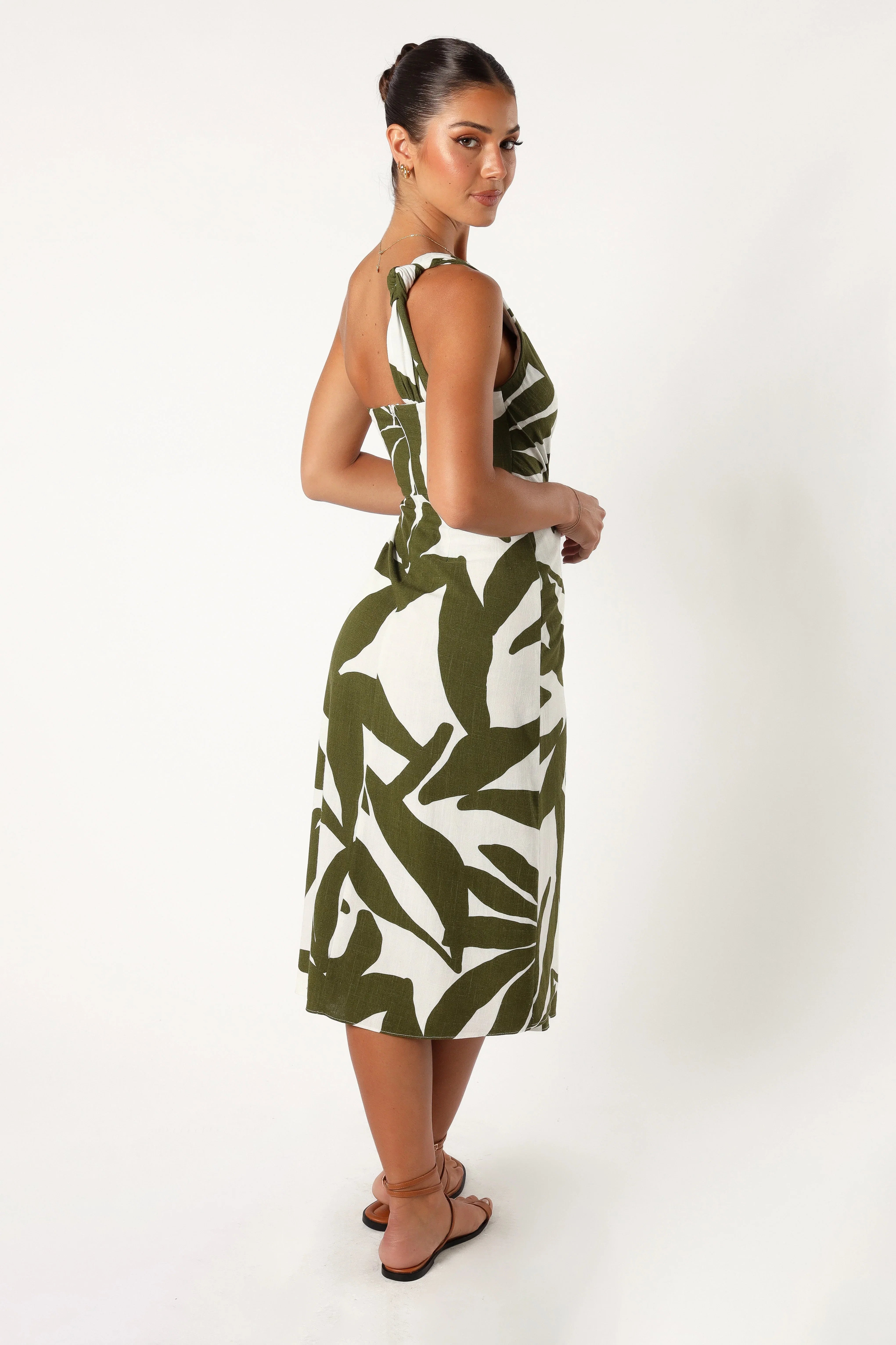 Zara One Shoulder Midi Dress Olive Palm