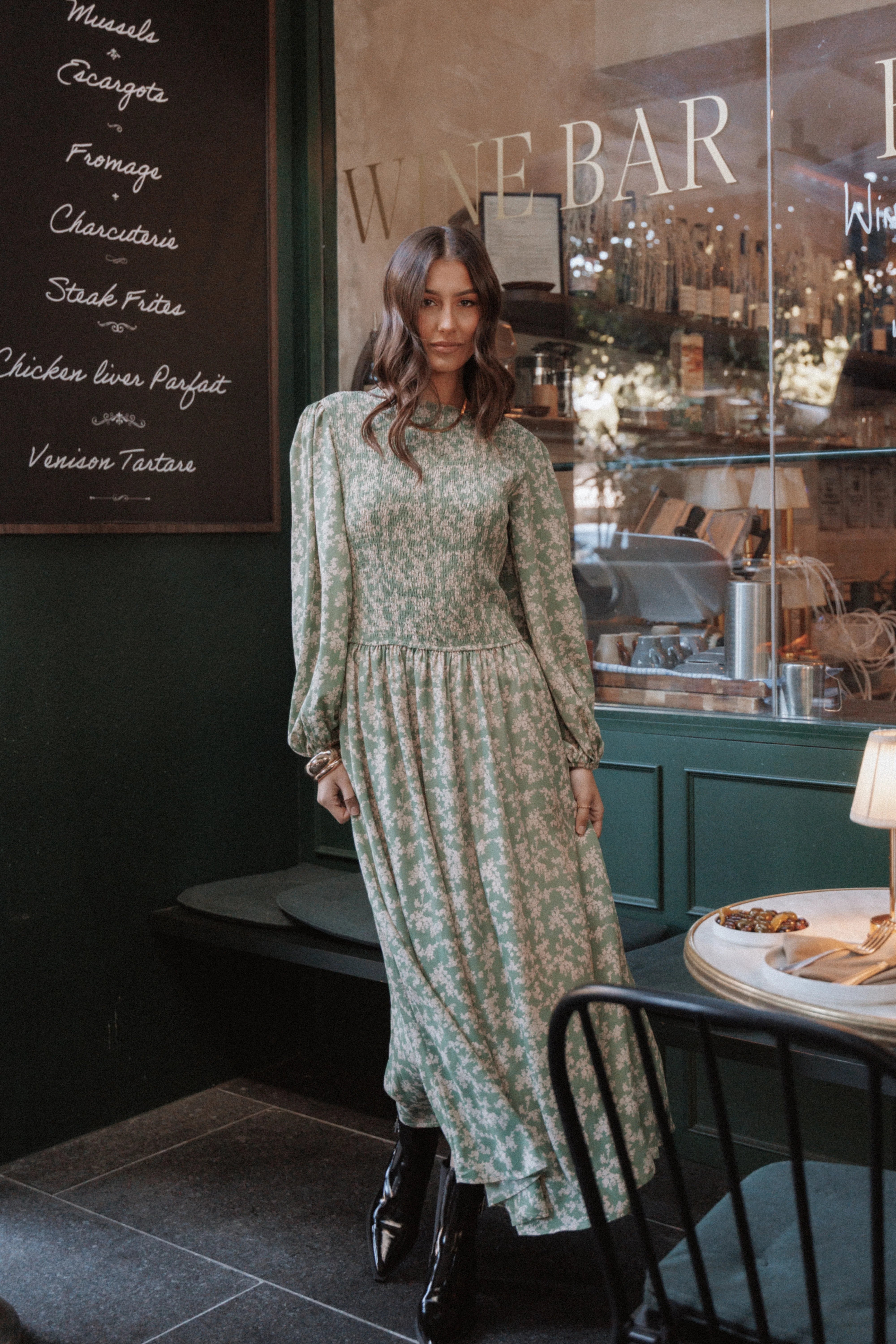 Ashara Long Sleeve Midi Dress Green Floral