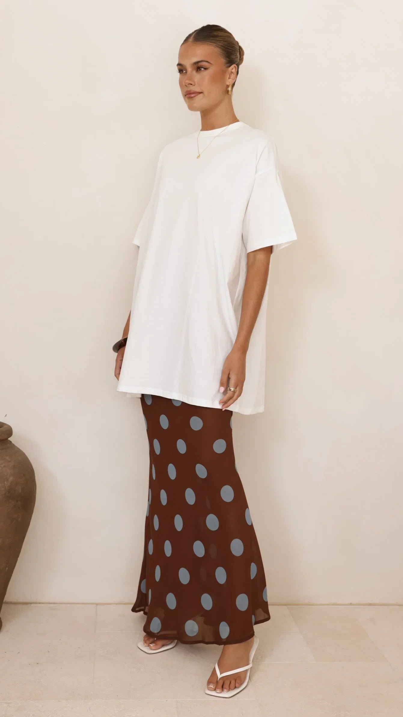 Yumi Oversized Tee and Sheer Skirt Set White Brown Blue Polka