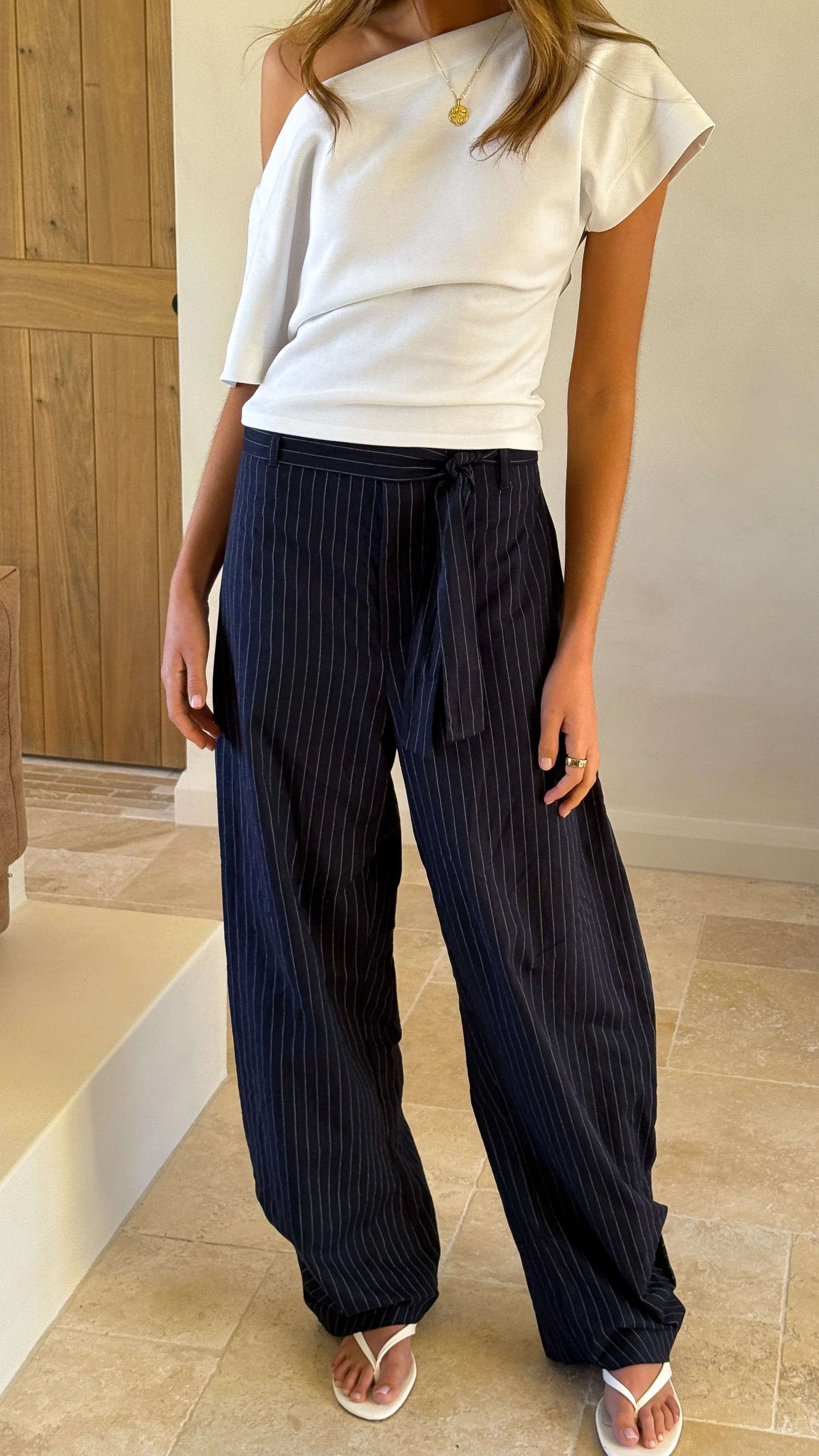 Audrey Pinstripe Tapered Pant Navy