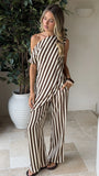Liana Off Shoulder Top Pants Set Brown Stripe