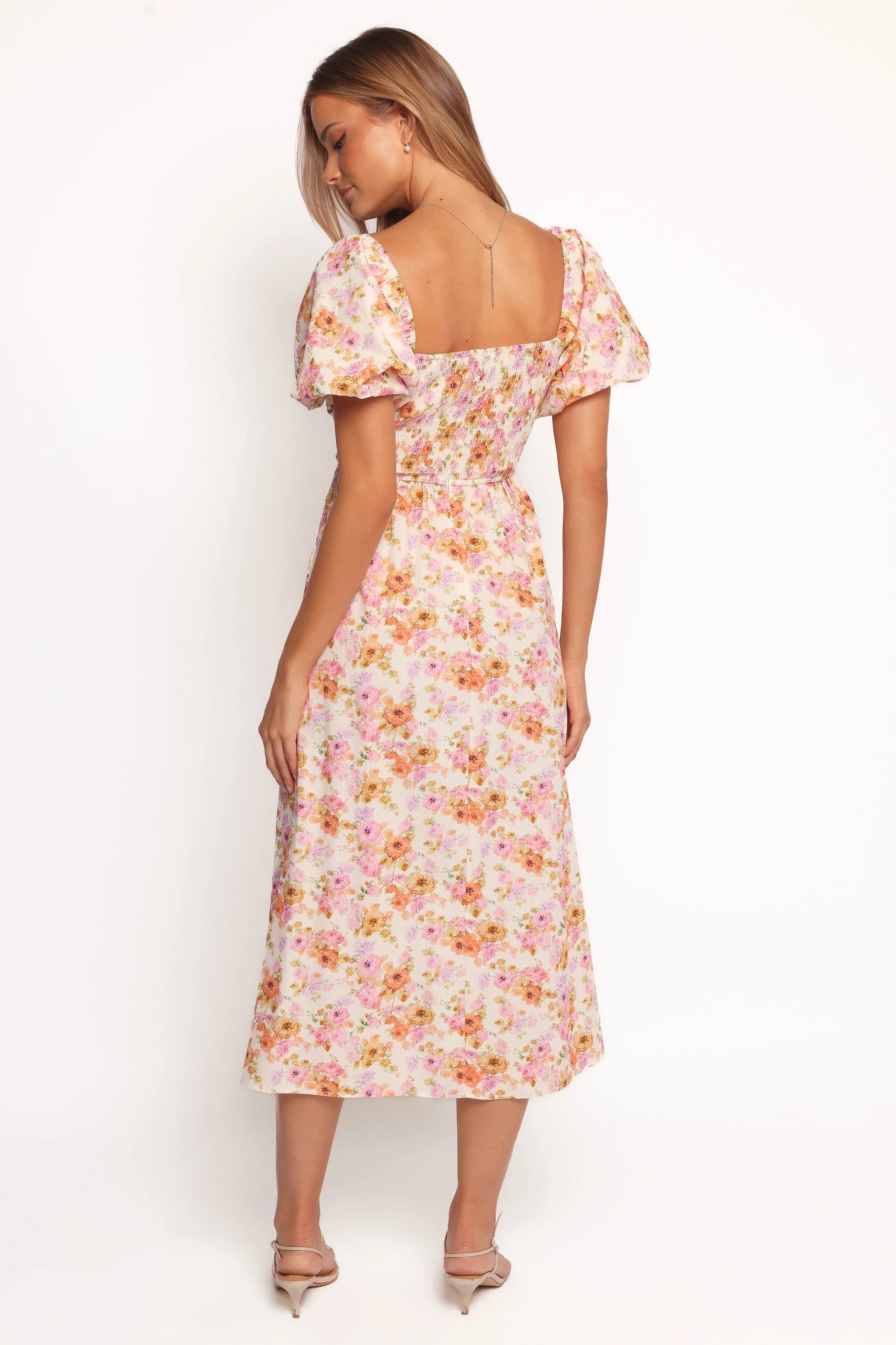 Clo Puff Sleeve Midi Dress Peach Floral