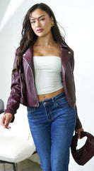 Lunor Moto PU Leather Jacket Burgundy