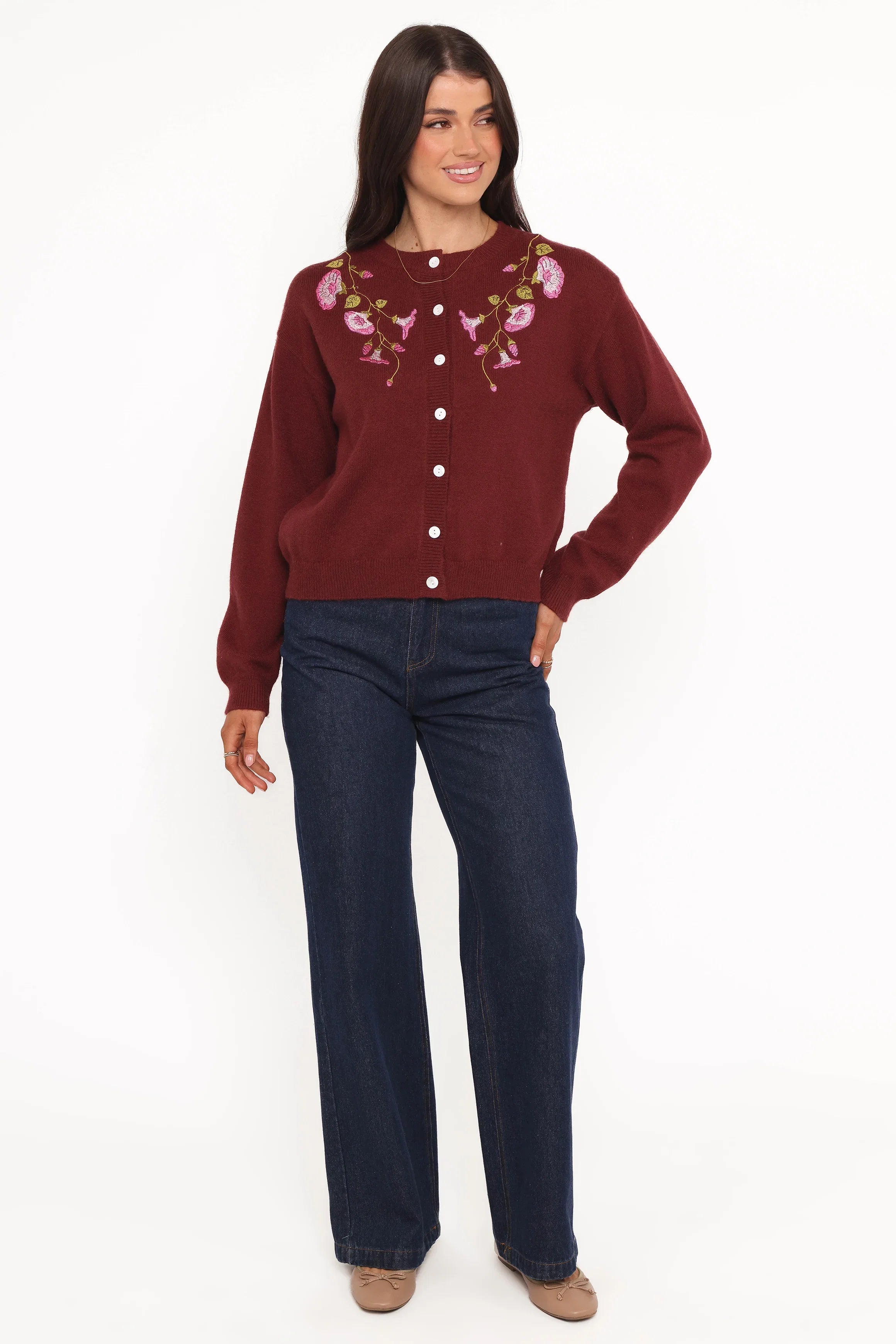 Brittany Placed Embroidery Flower Cardigan Burgundy