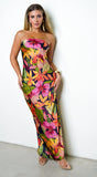 Muse Tropical Print Satin Strapless Maxi Dress Multi Black