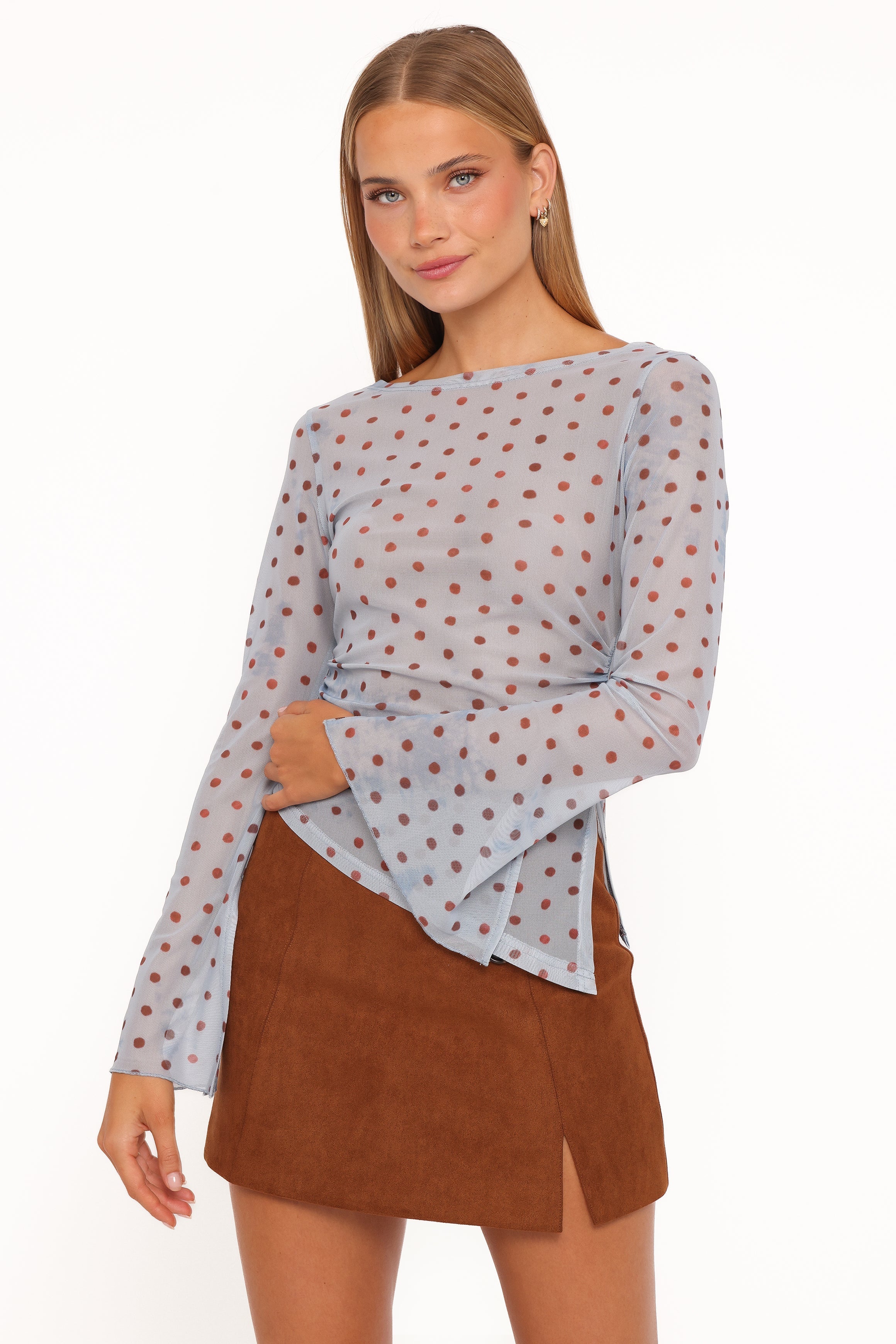 Annora Asymmetrical Mesh Top Blue Dot