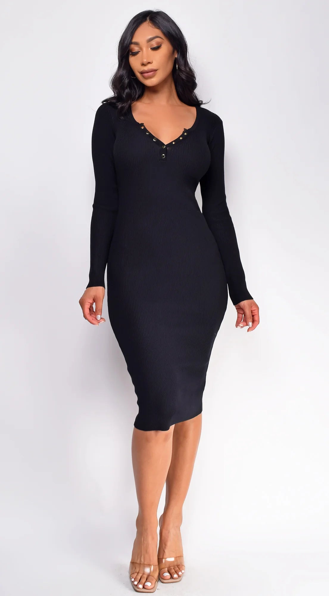 Aura Button Ribbed Midi Dress Black