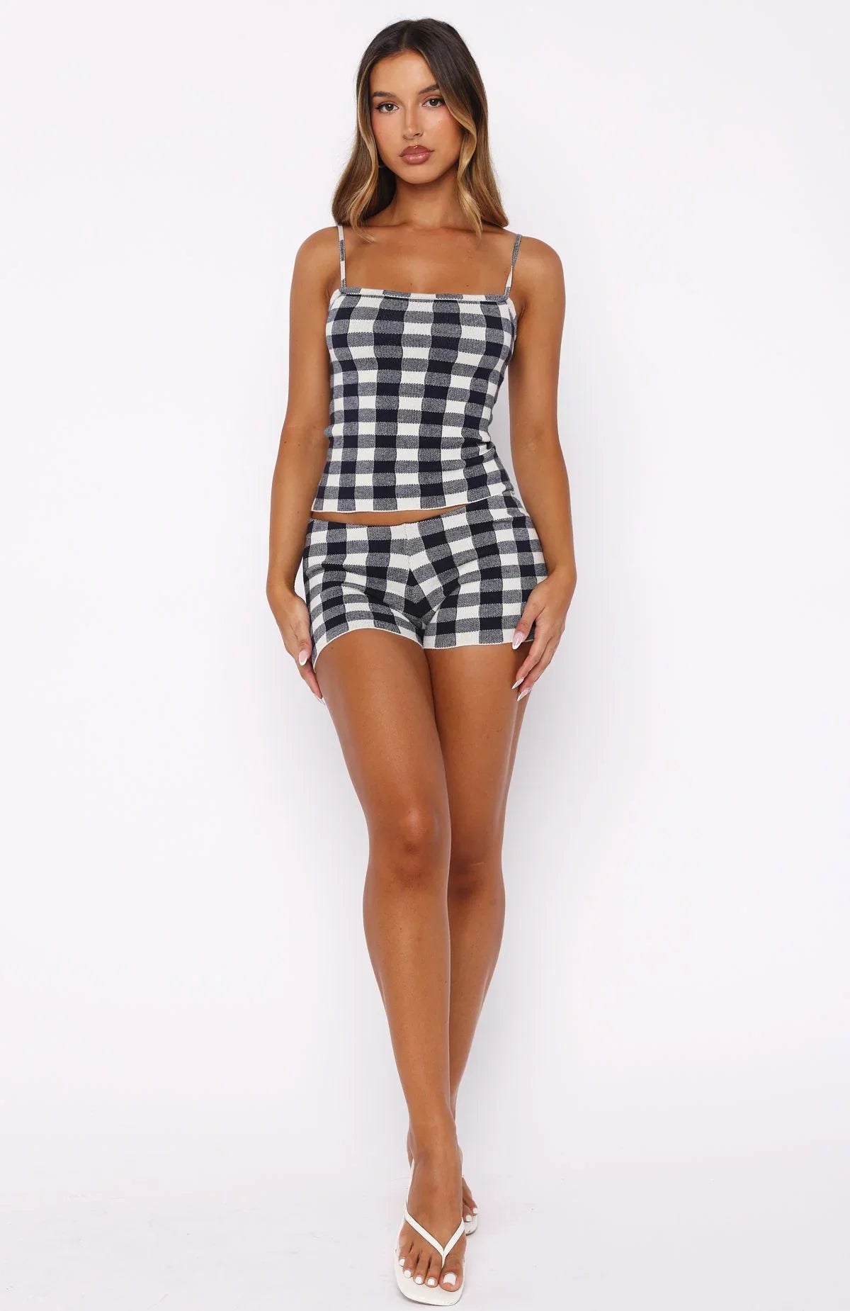 Iconic Duo Knit Cami Top Navy Cream Gingham