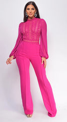 Nerine Crochet Lace Mesh Jumpsuit Magenta Pink