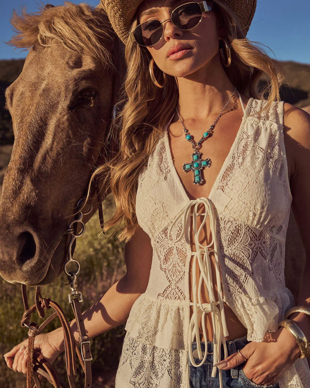 Desert Honey Ruffle Lace Front Tie Top