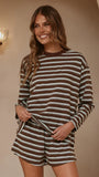 Harla Long Sleeve Top Shorts Set Brown Blue Stripe