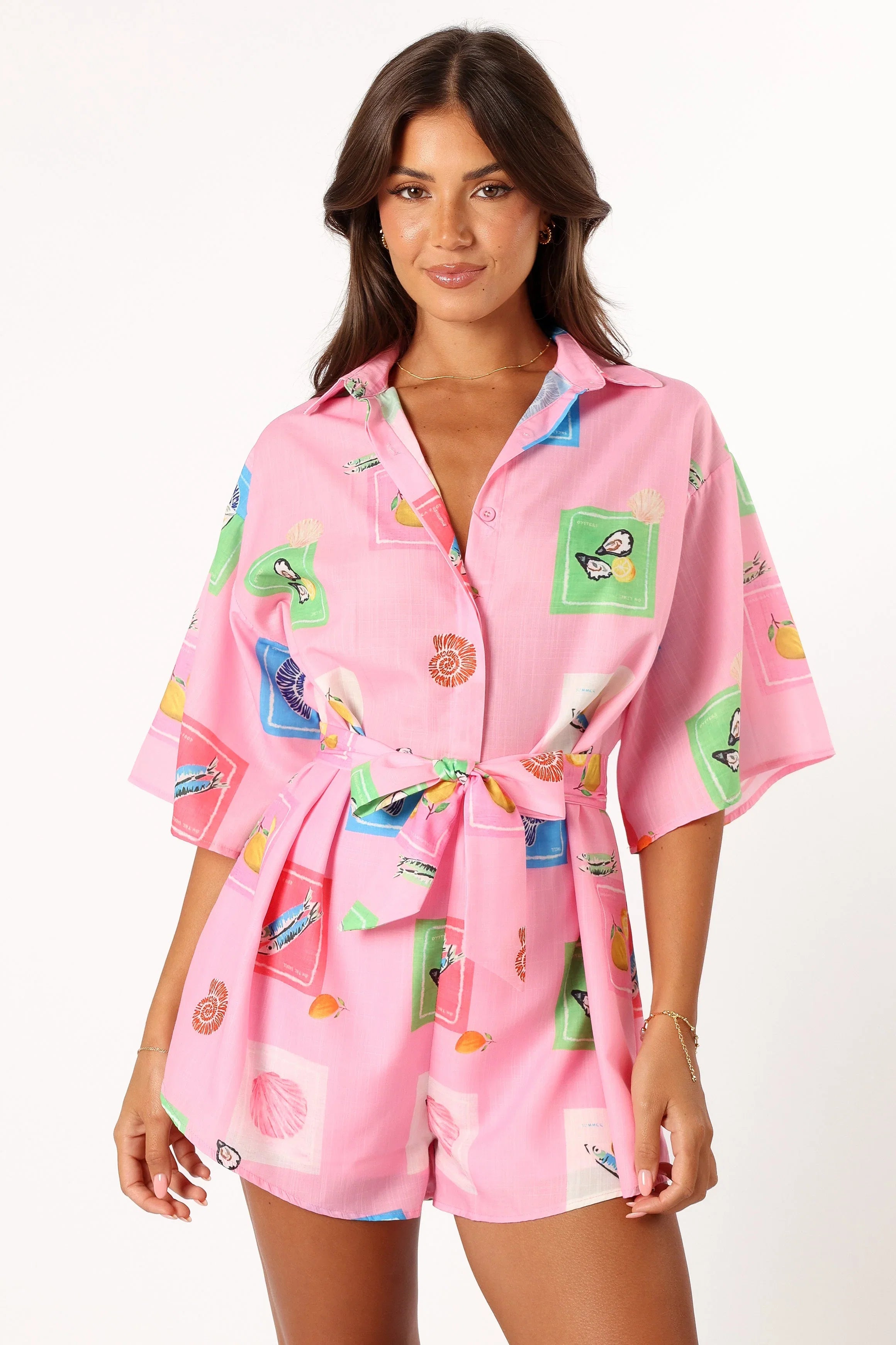 Kellie Romper Pink Stamp Print