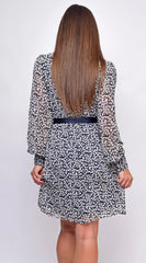 Sensation White Navy Floral Mock Neck Waist Tie Mini Dress