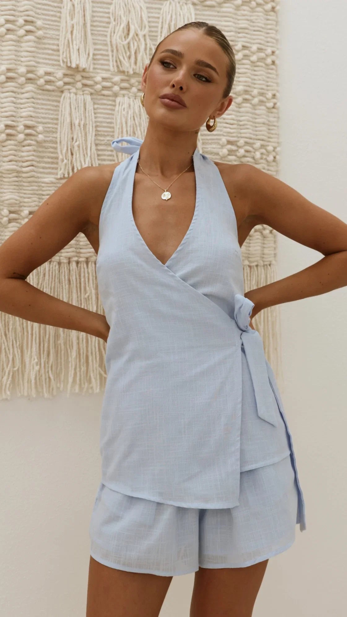 Malencia Wrap Top and Shorts Set Blue