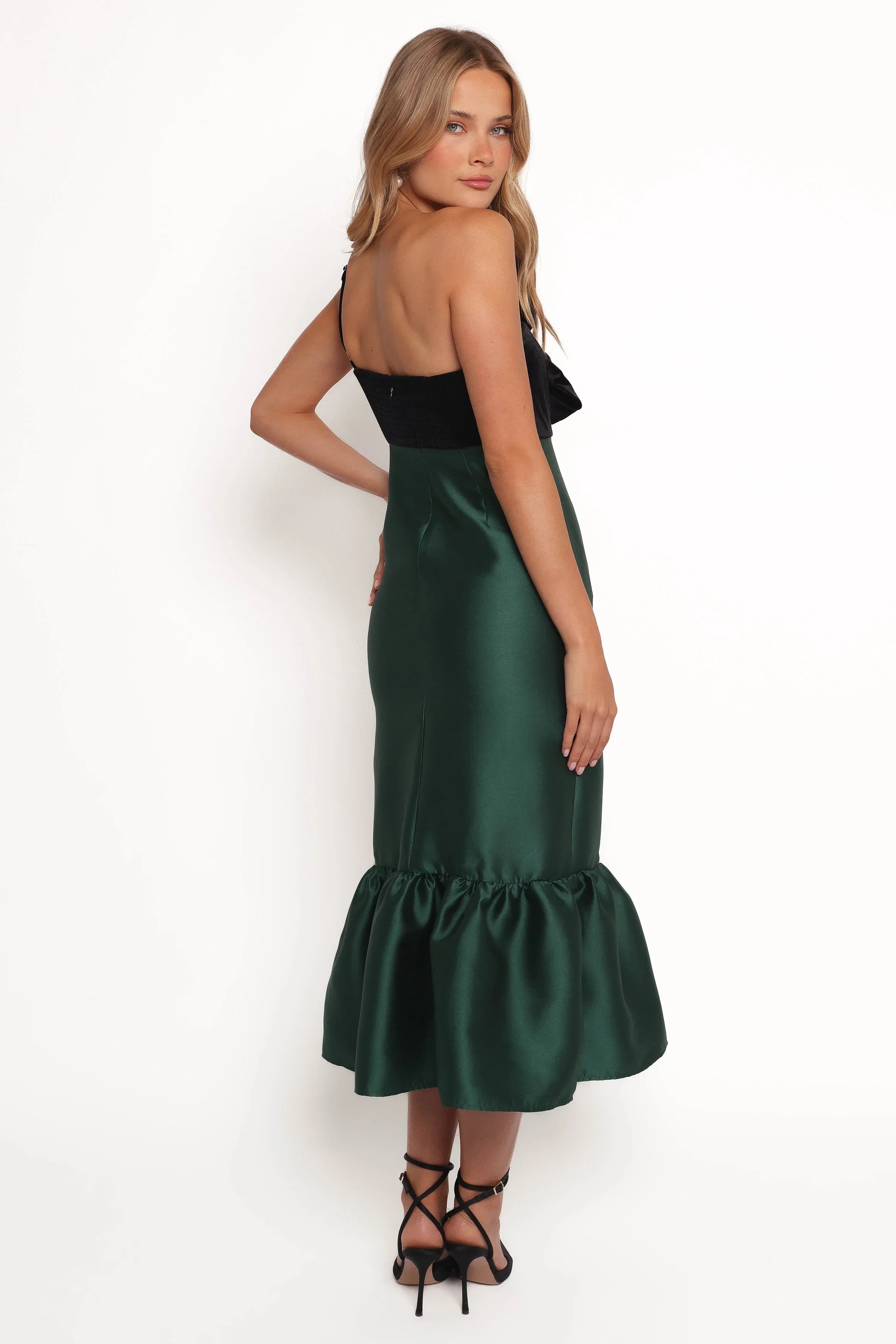 Amelie Bow Front One Shoulder Midi Dress Black Emerald