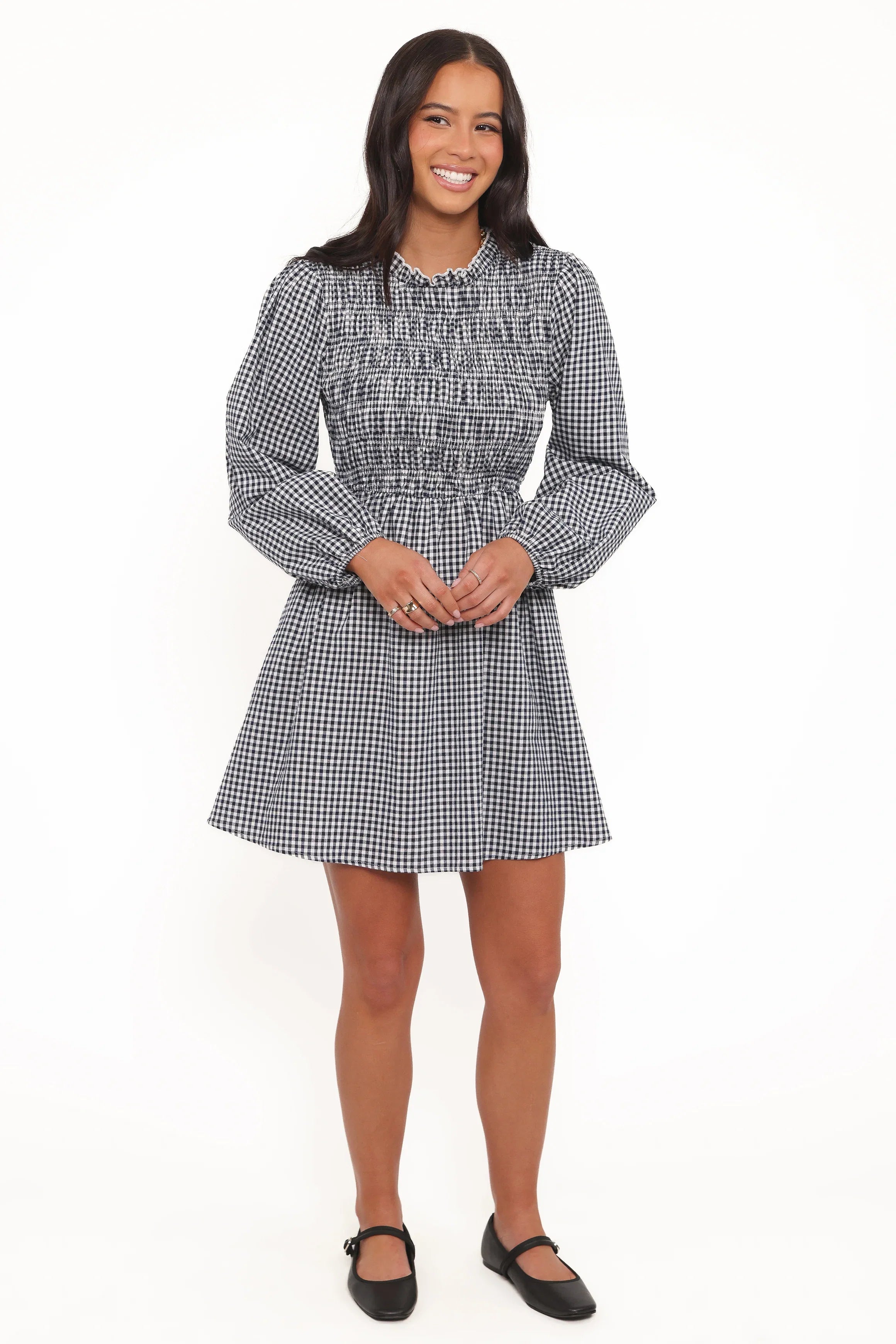 Jessen Long Sleeve Mini Dress Navy Gingham