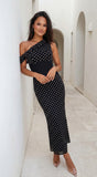 Moneté Polka Dot One Shoulder Maxi Dress Black