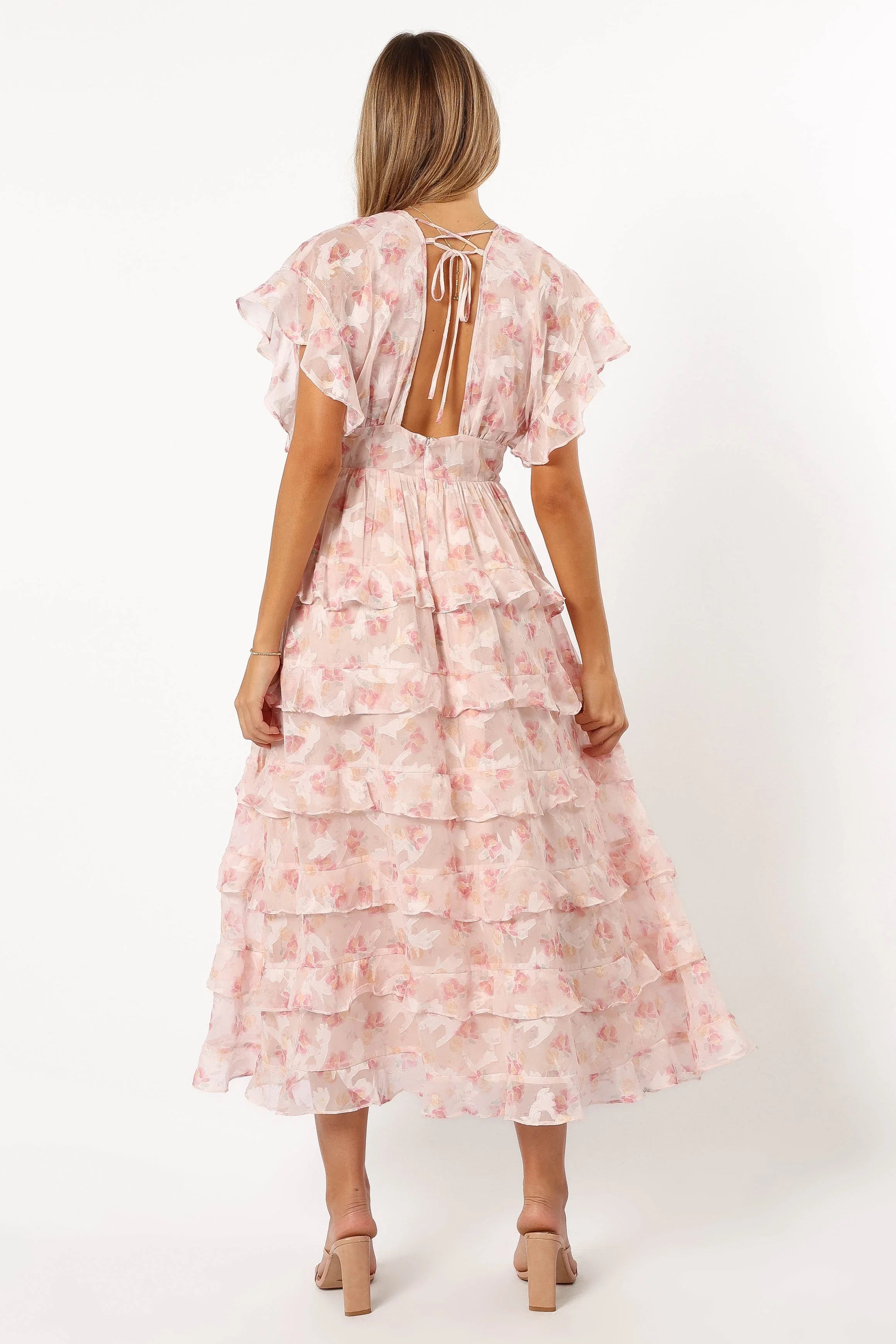 Daphne Ruffle Midi Dress Pink Orange