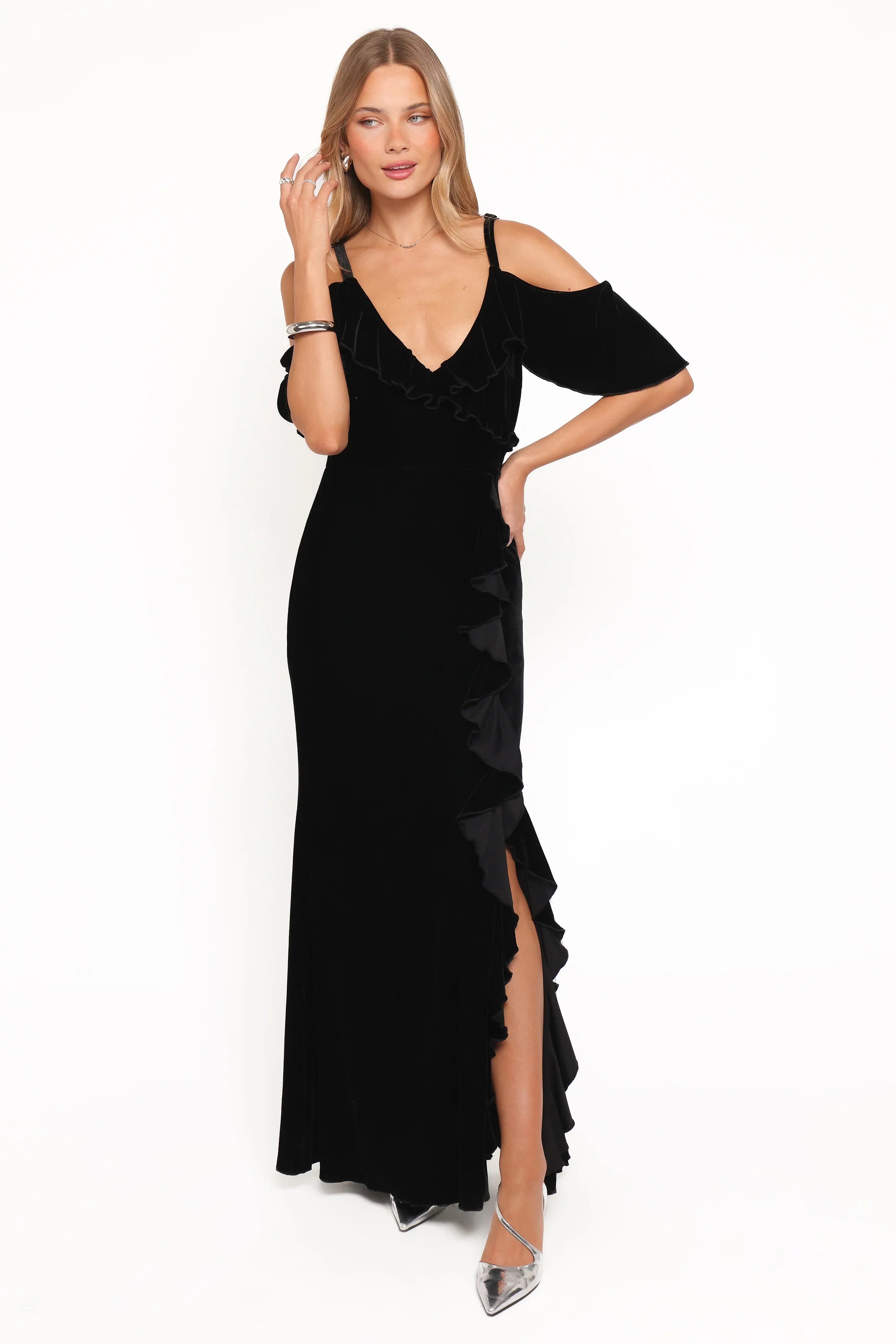 Micah Off Shoulder Velvet Maxi Dress Black