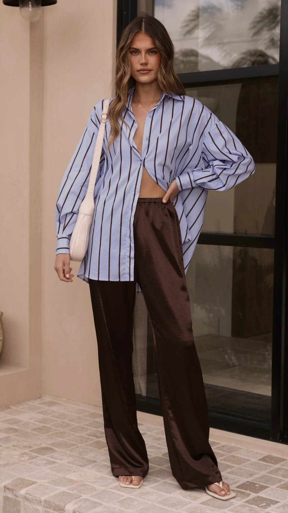 Arli Button Up Shirt Blue Brown Stripe