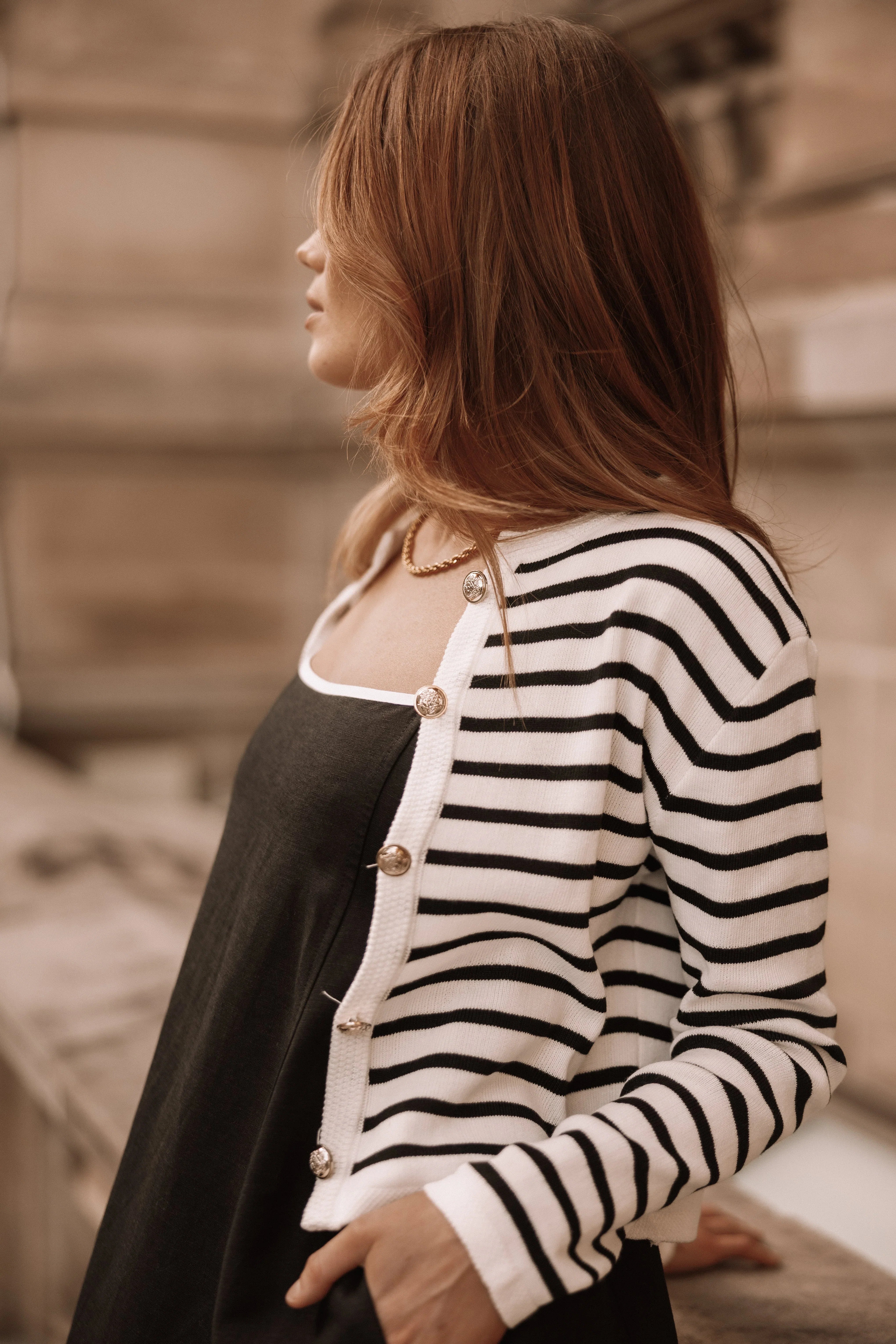 Cynthia Striped Button Front Cardigan Black Cream