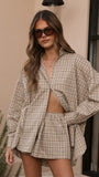 Arli Button Up Shirt Beige Brown Plaid