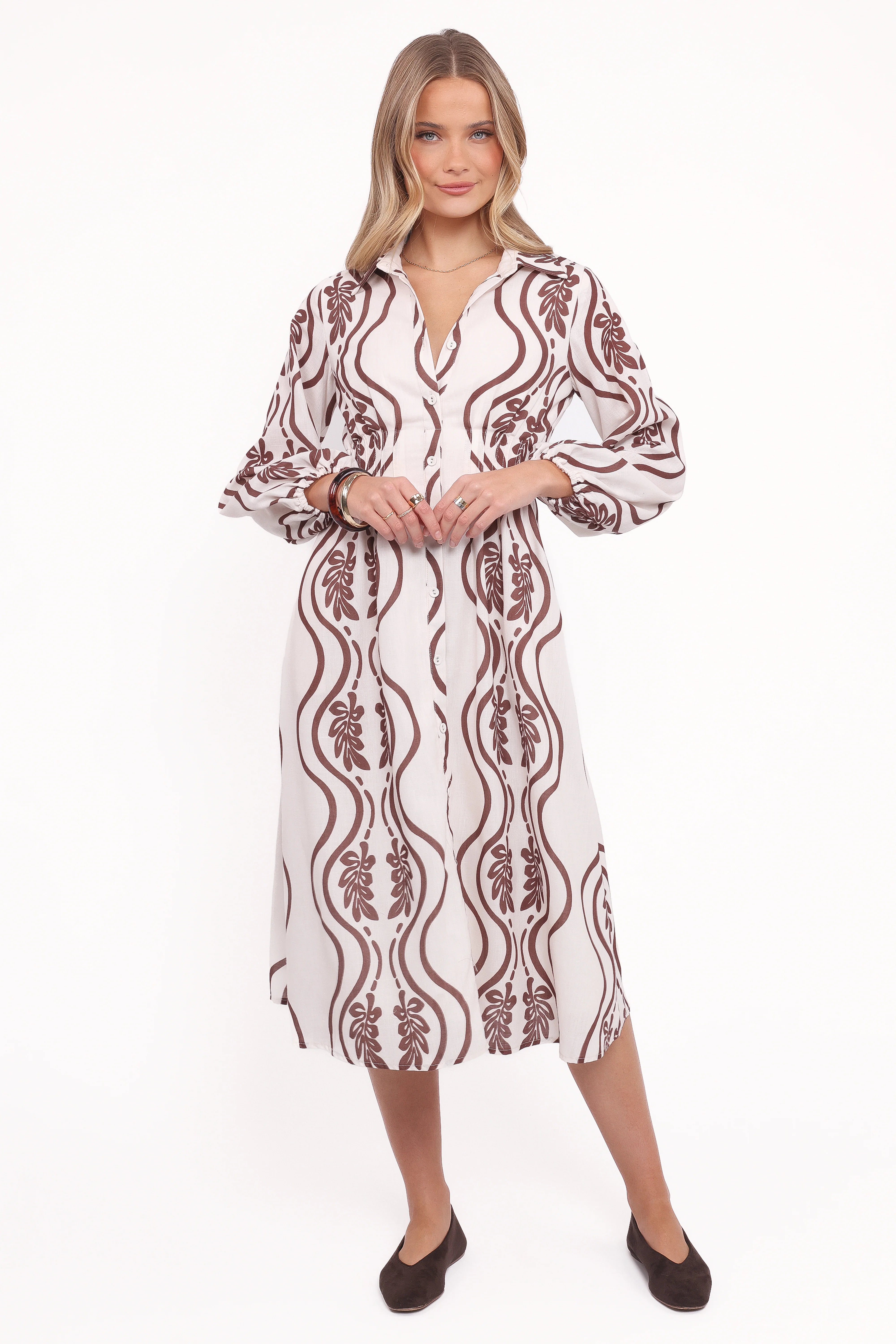 Lira Long Sleeve Midi Dress Brown Print