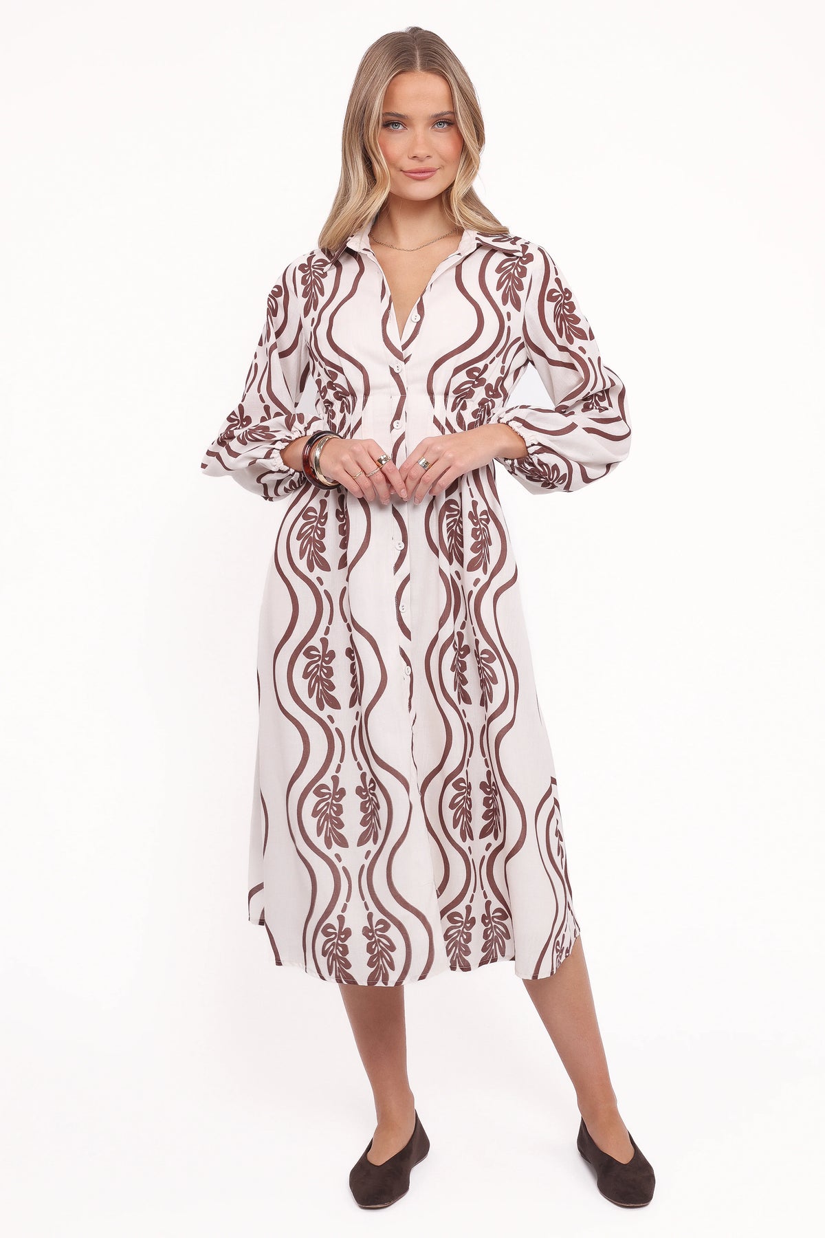 Lira Long Sleeve Midi Dress Brown Print