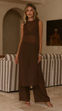 Zaire Long Line Sheer Top and Pants Set Chocolate
