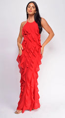 Erma Halter Ruffle Maxi Dress Red