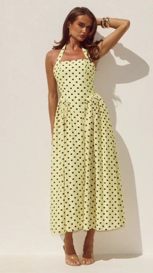 Sammi Halter Midi Dress Lemon Choc Polka