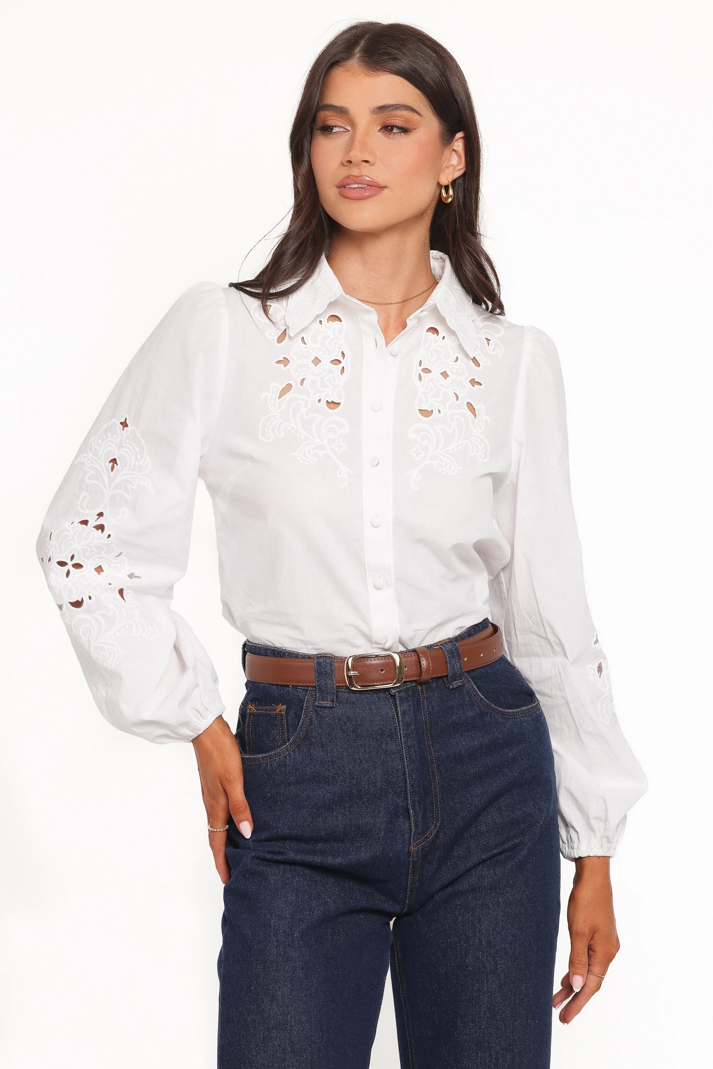 Aeloria Button Front Shirt White Embroidery