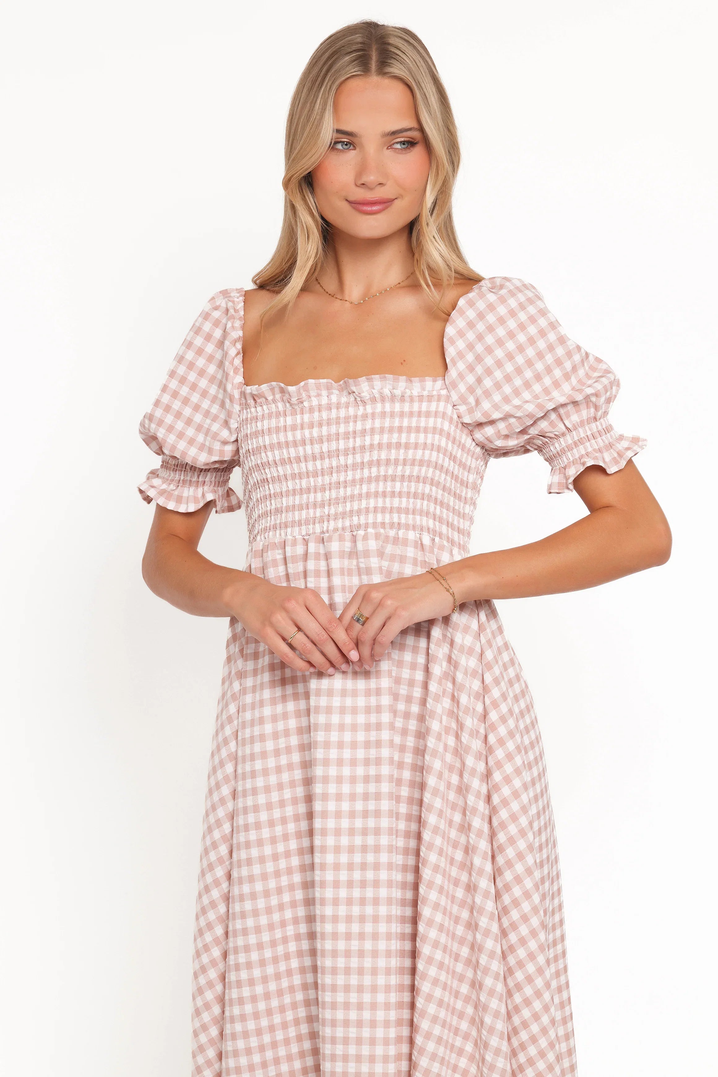 Siun Short Sleeve Midi Dress Brown Gingham