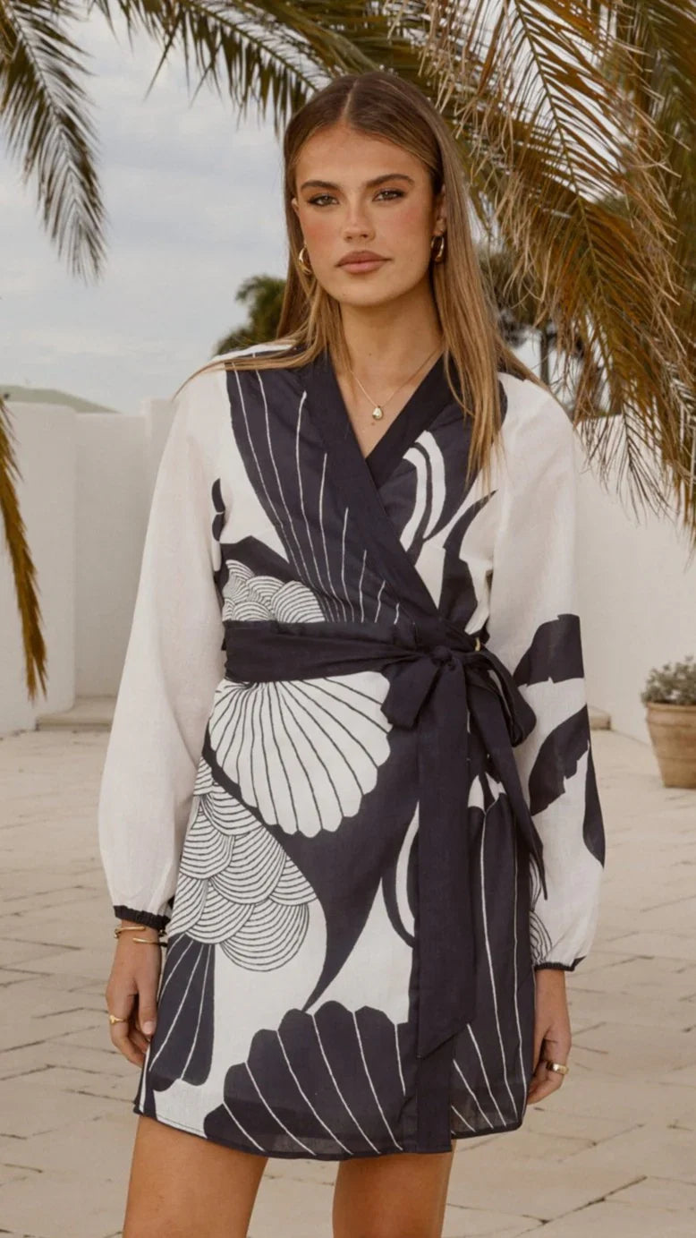 Cassidy Long Sleeve Mini Dress White Navy