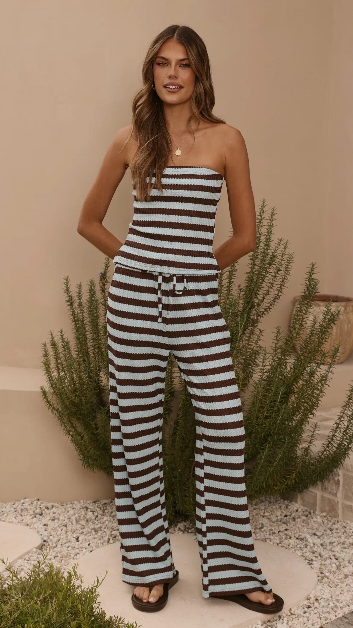 Milla Strapless Top Pants Set Brown Blue Stripe