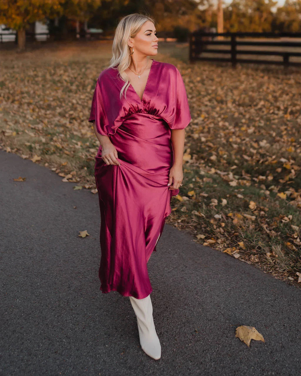 Theia Satin V Neck Maxi Dress