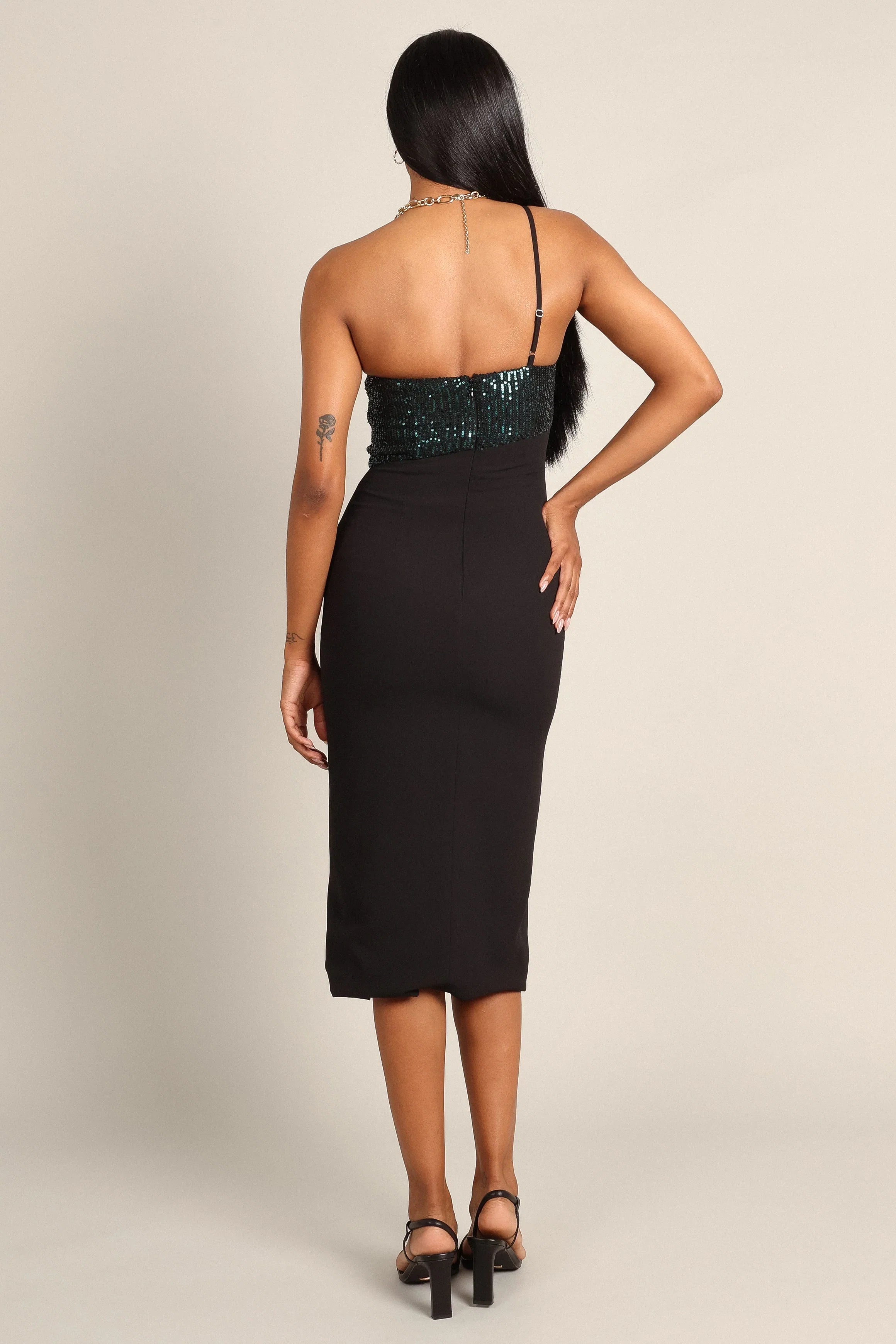Xayne One Shoulder Sequin Midi Dress Black Emerald