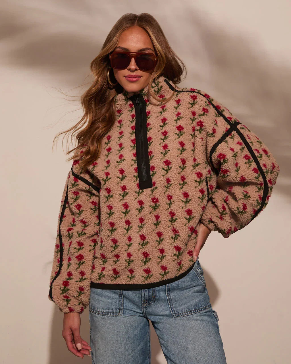 Pauleen Sherpa Floral Quarter Zip Sweatshirt