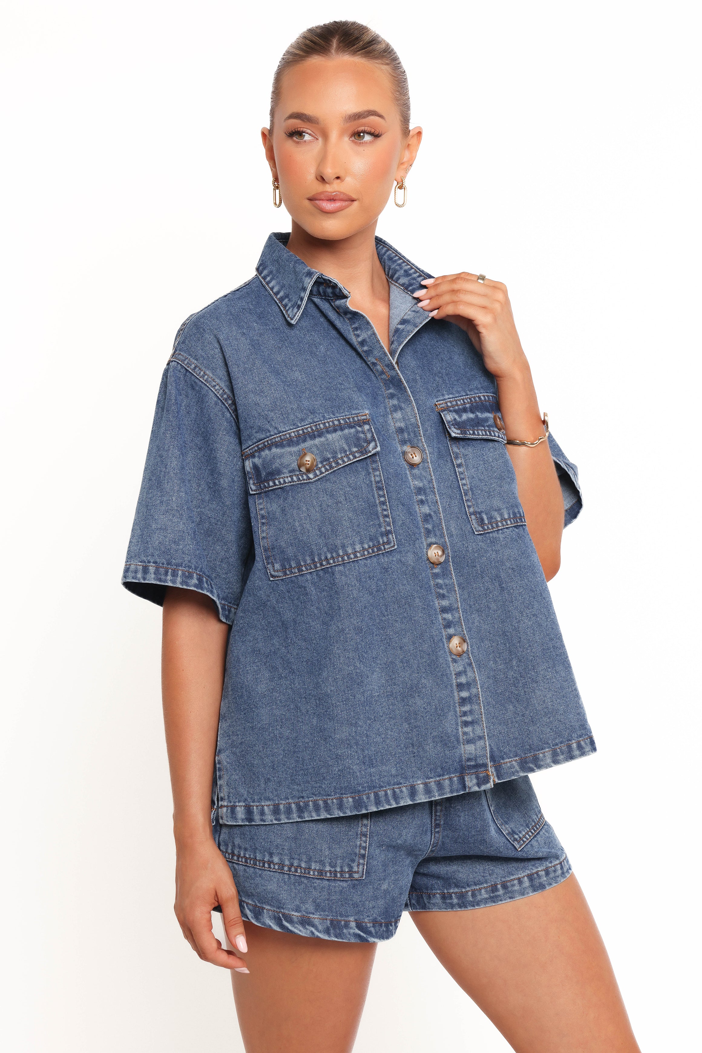 Noor Denim Short Set Dark Blue