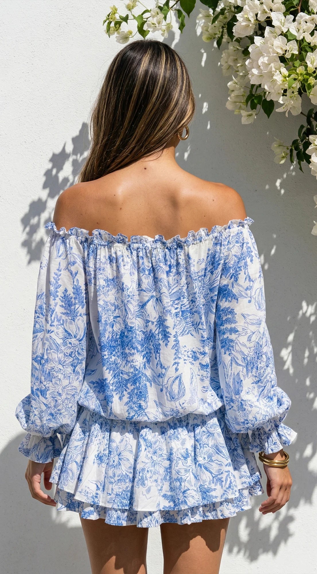 Bahama Floral Off Shoulder Ruffle Mini Dress Blue