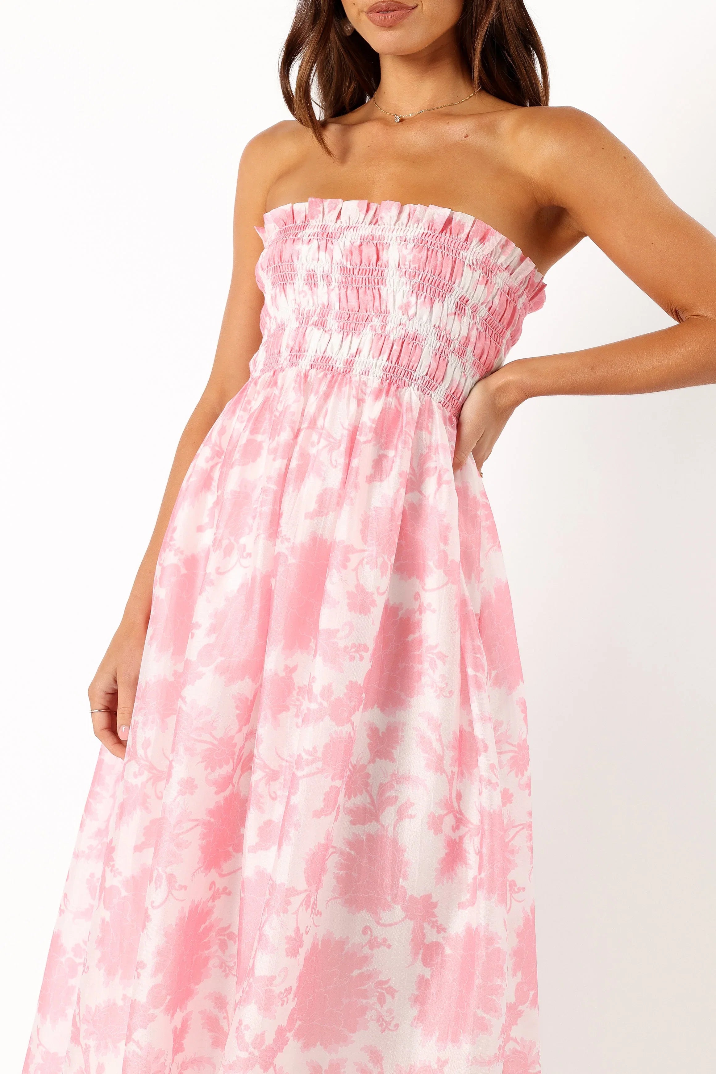 Carter Strapless Midi Dress Pink Floral