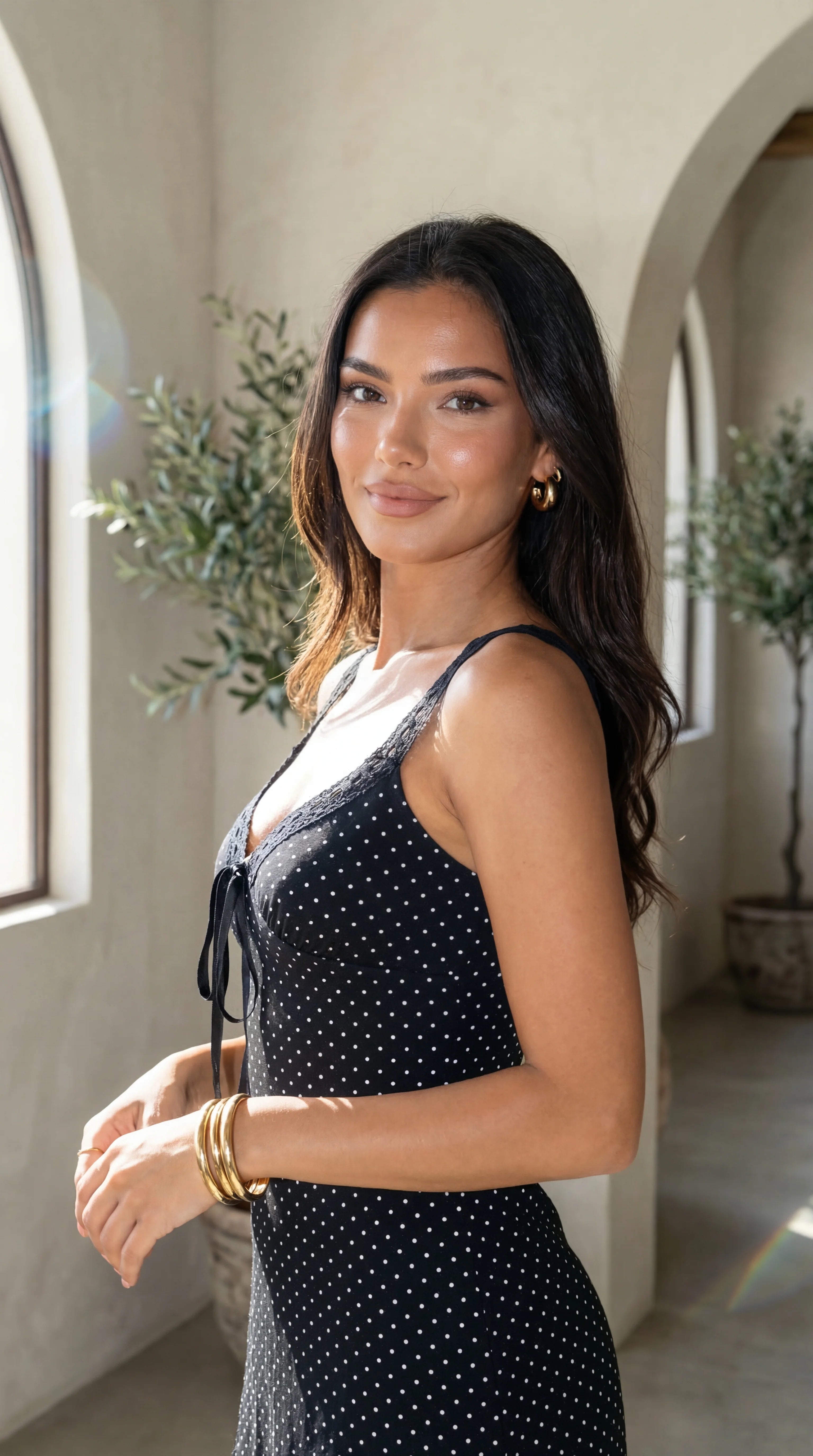 Calyssa Polka Dot Lace Trim Mini Dress Black