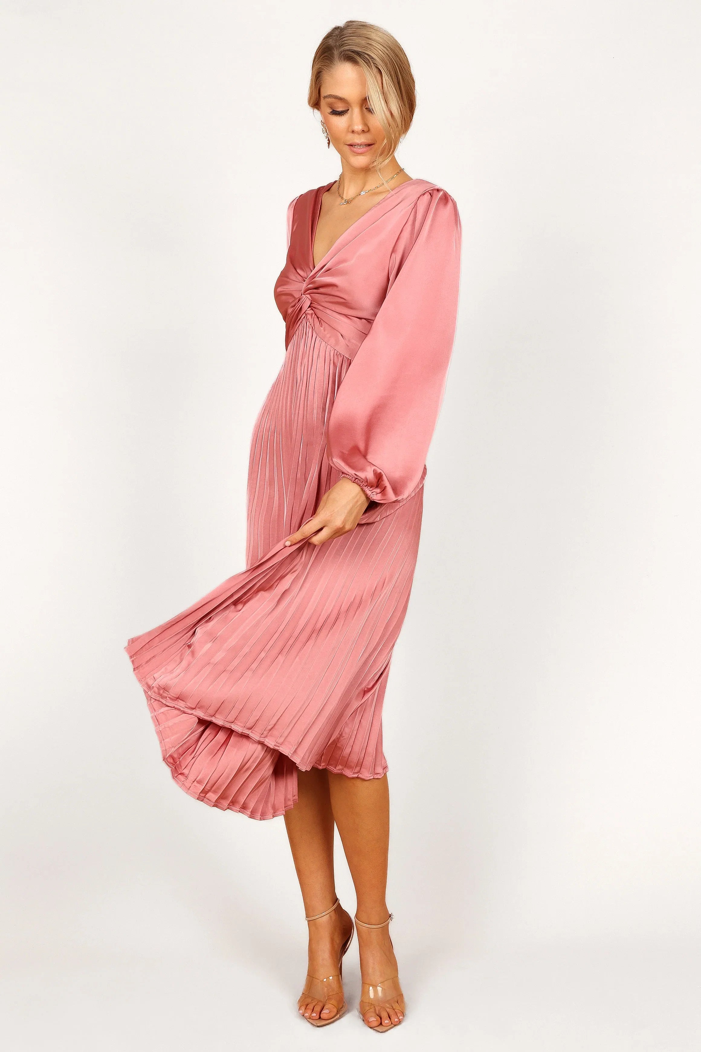 Noelle Twist Front Pleated Midi Dress Blush