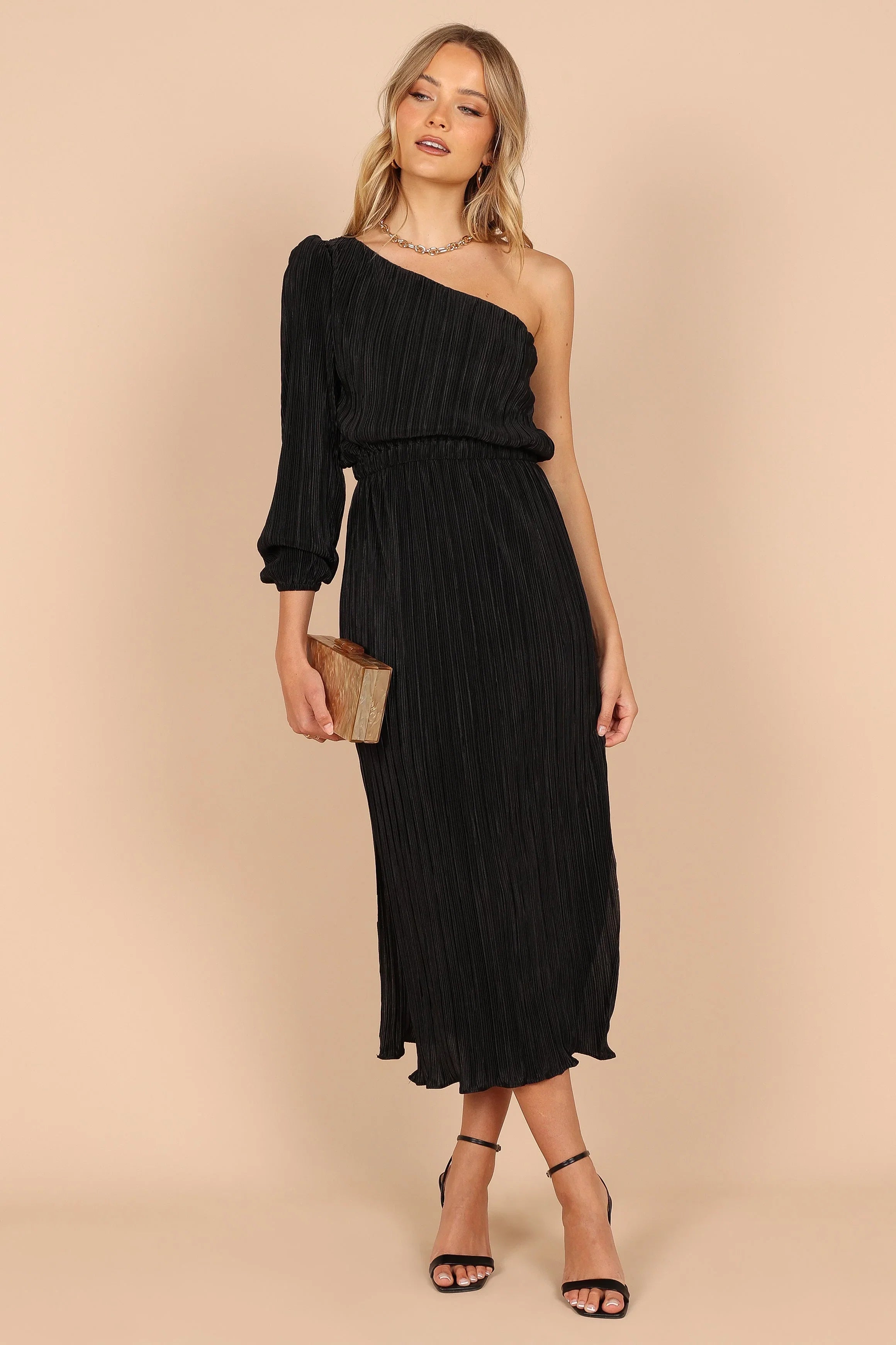 Pontee One Shoulder Pleated Midi Dress Black