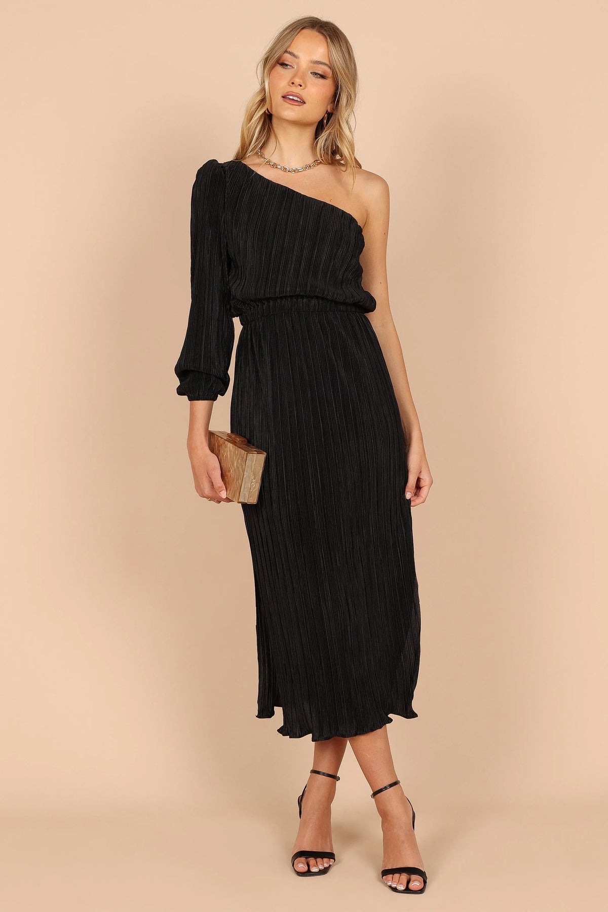Pontee One Shoulder Pleated Midi Dress Black
