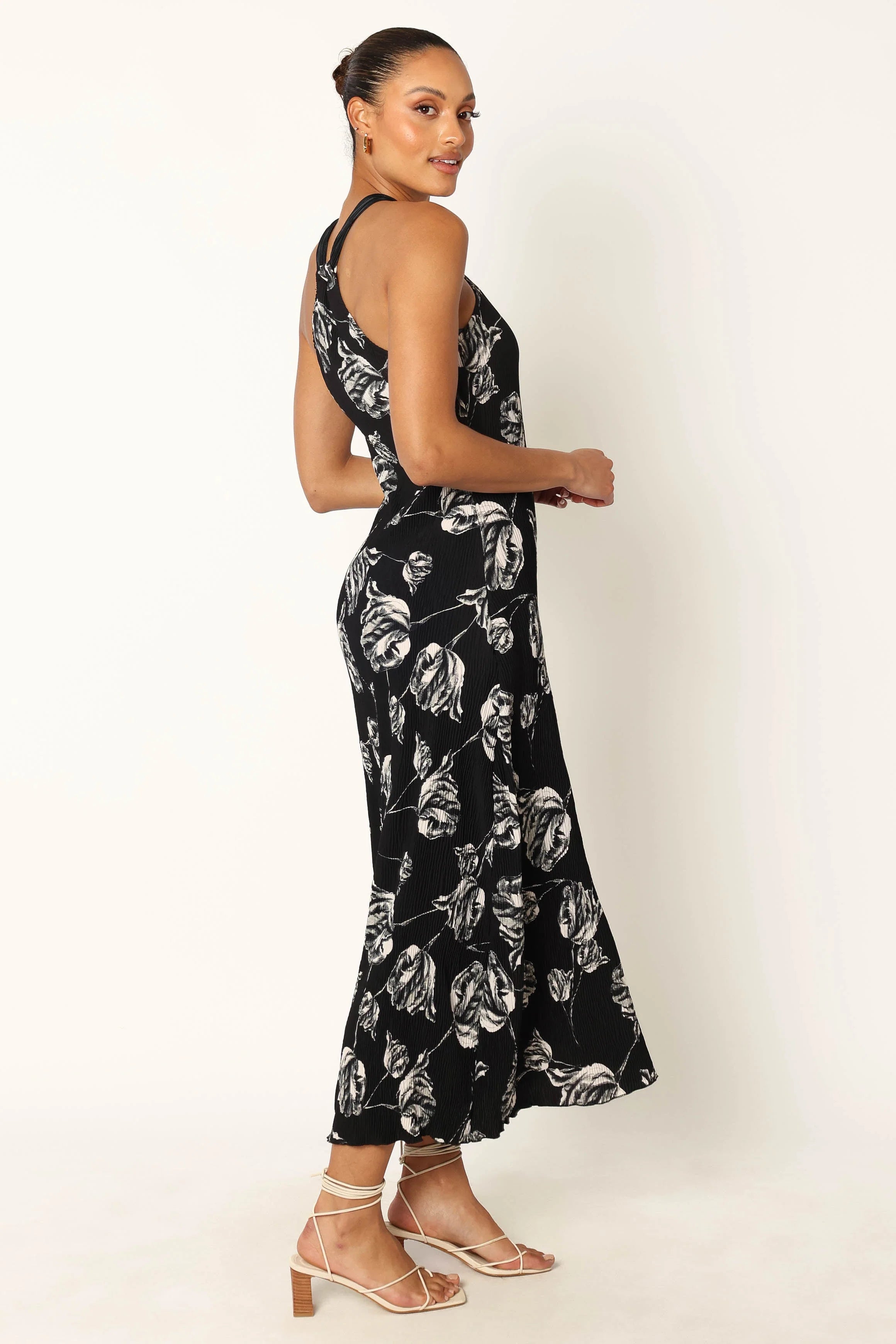 Melody Plisse Halter Maxi Dress Black Floral